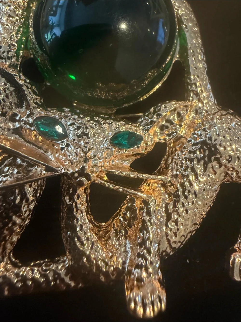 LARGE Vintage Gold Cat Brooch with Emerald Green Accents. Kitschy Anthropomorphi